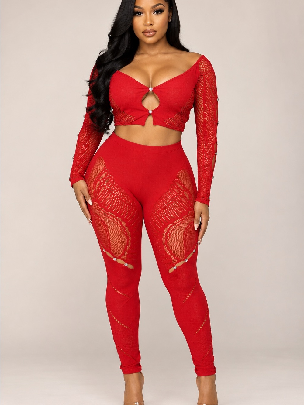 High Quality Red Two-Piece Mesh Cutout Two Piece Set